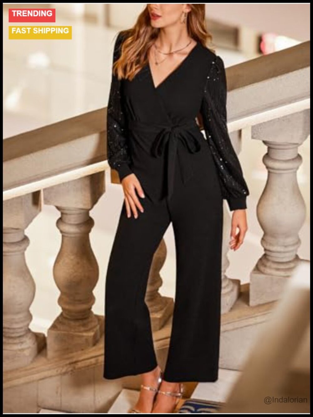 Sequin Long Sleeve Jumpsuit V Neck Belted One Piece Romper Sparkly Night Out - Picture 2 of 6